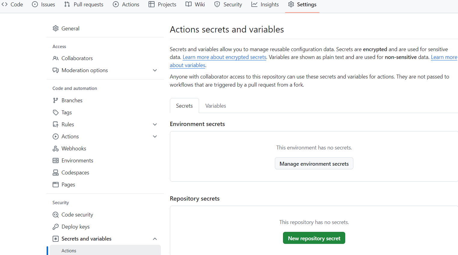 Github repository settings